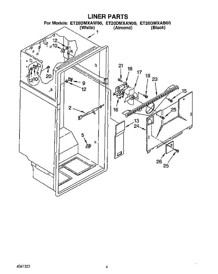 LINER Diagram and Parts List for ET20DMXAN00  Whirlpool Refrigerator