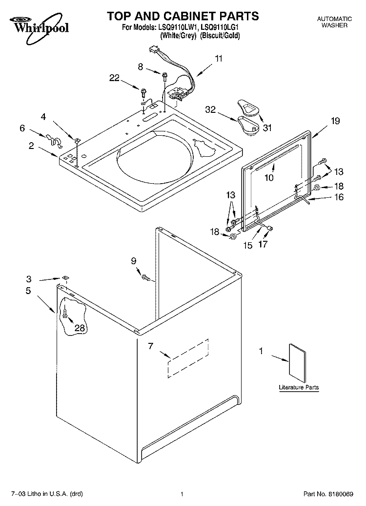 TOP AND CABINET PARTS Diagram and Parts List for LSQ9110LG1  Whirlpool Washer