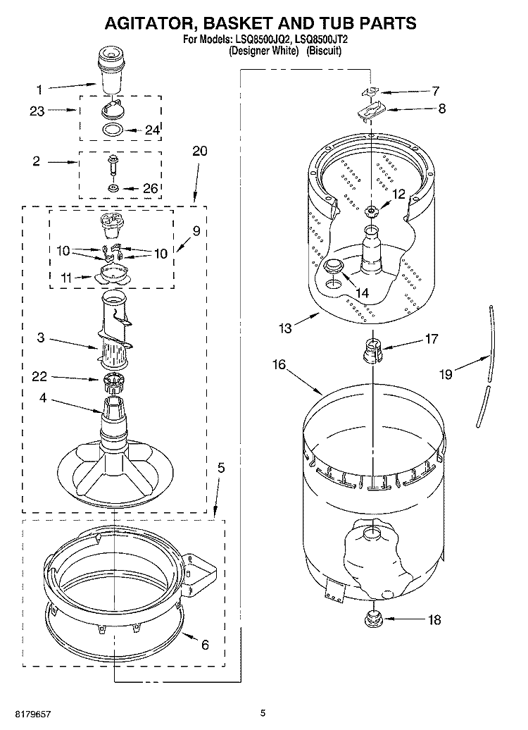 AGITATOR, BASKET AND TUB Diagram and Parts List for LSQ8500JQ2  Whirlpool Washer