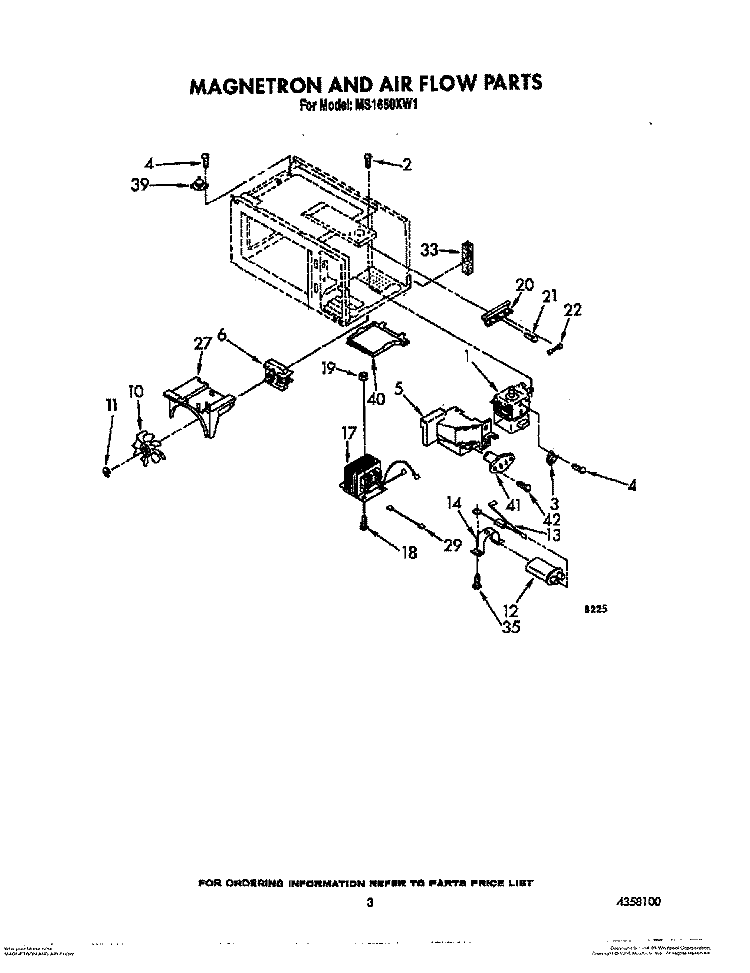 MAGNETRON AND AIR FLOW Diagram and Parts List for MS1650XW1  Whirlpool Microwave