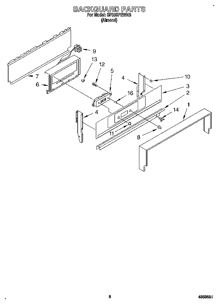 BACKGUARD Diagram and Parts List for SF330PEWN8  Whirlpool Range