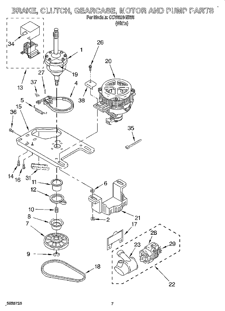 BRAKE, CLUTCH, GEARCASE, MOTOR AND PUMP Diagram and Parts List for CCW5264EW0  Whirlpool Washer