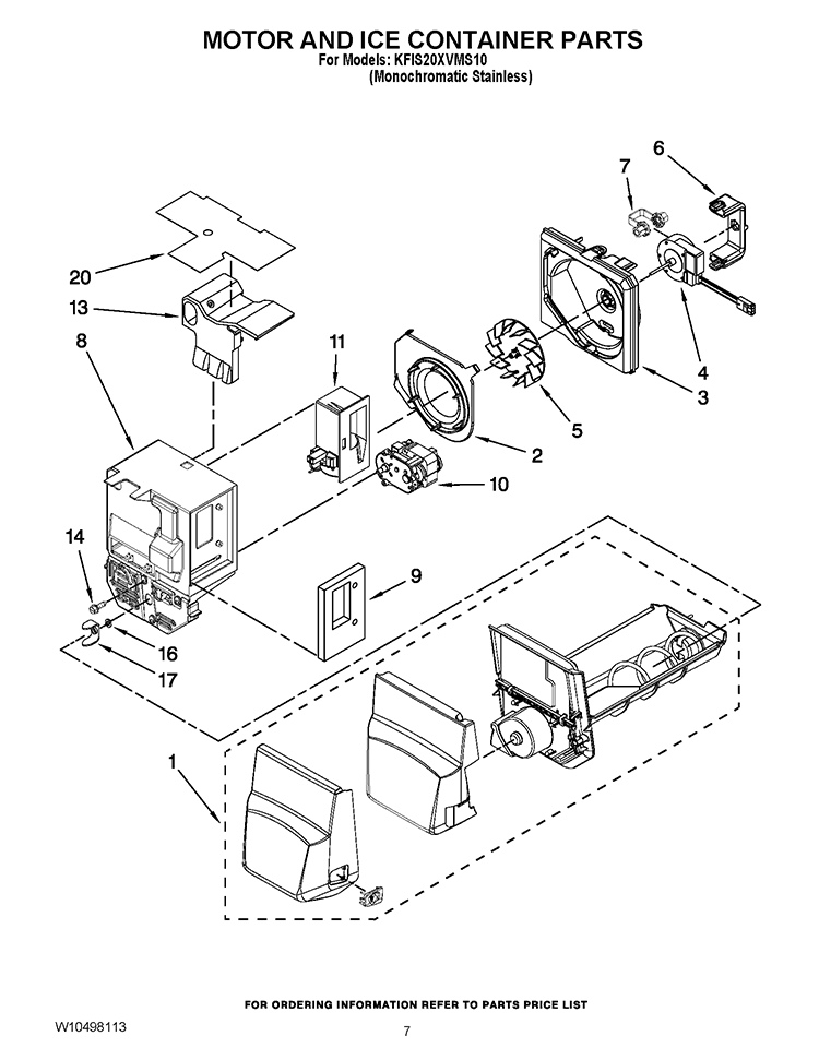 MOTOR AND ICE CONTAINER PARTS Diagram and Parts List for KFIS20XVMS10  KitchenAid Refrigerator
