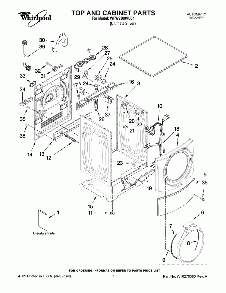TOP AND CABINET PARTS Diagram and Parts List for WFW9300VU04  Whirlpool Washer