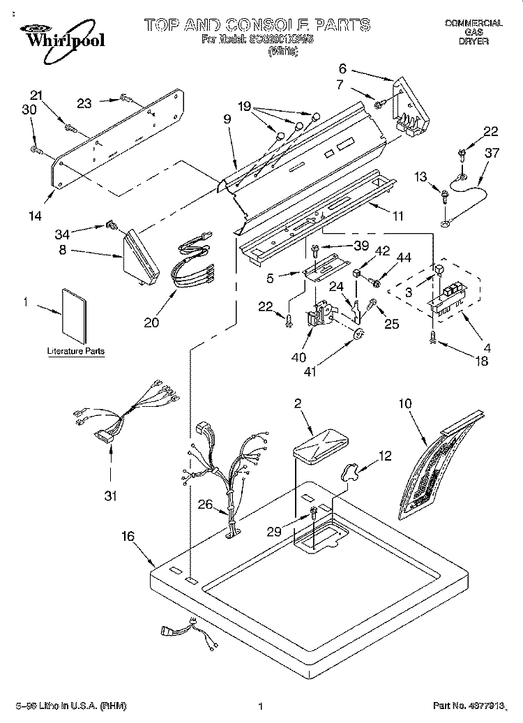TOP AND CONSOLE, LITERATURE Diagram and Parts List for GCG2901XSW5  Whirlpool Dryer