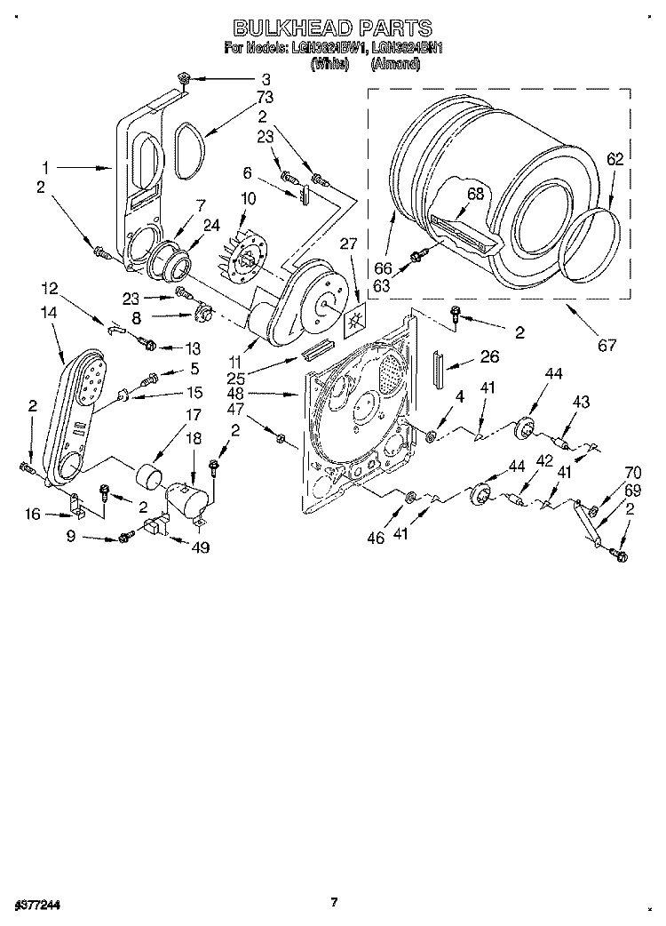 BULKHEAD Diagram and Parts List for LGN3624BW1  Whirlpool Dryer