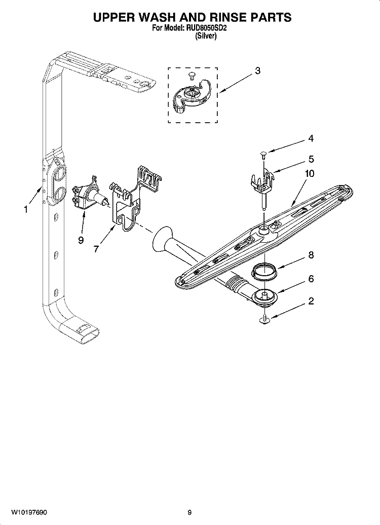 UPPER WASH AND RINSE PARTS Diagram and Parts List for RUD8050SD2  Roper Dishwasher