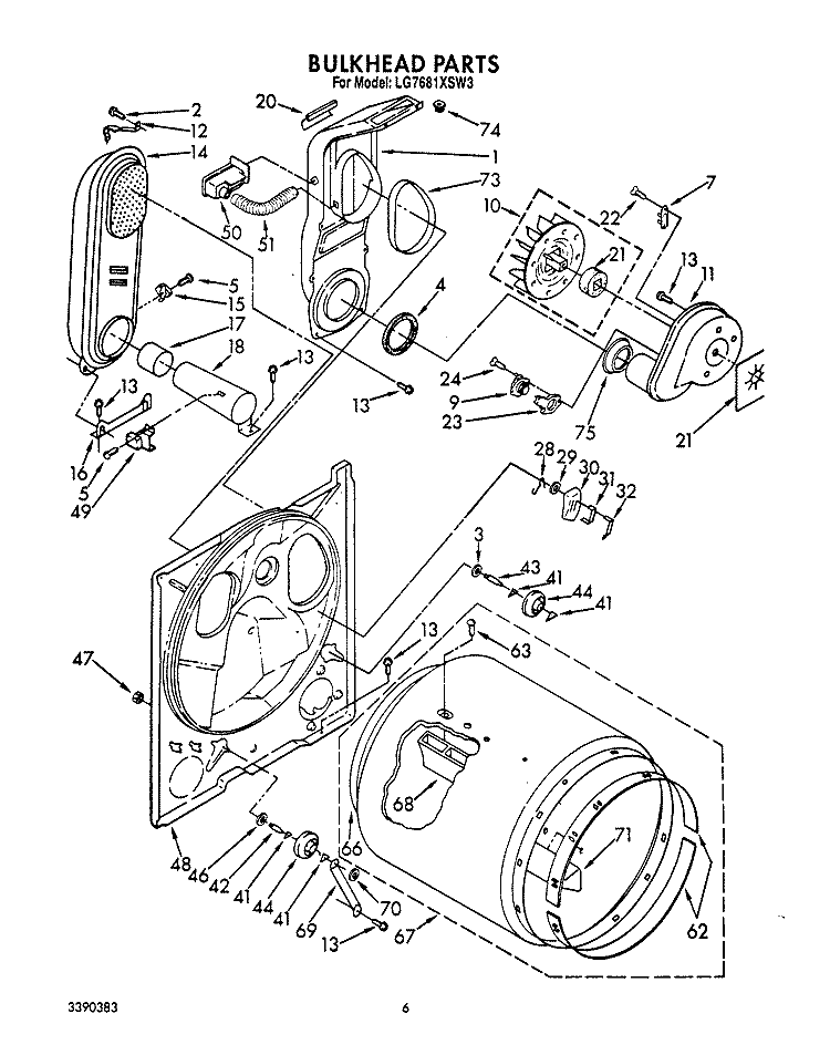 BULKHEAD Diagram and Parts List for LG7681XSW3  Whirlpool Dryer