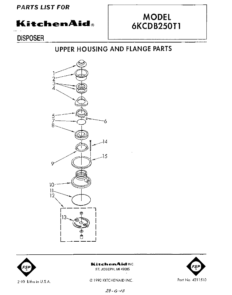 SECTION Diagram and Parts List for 6KCDB250T1  KitchenAid Food Waste Disposer