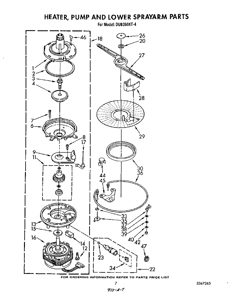 HEATER, PUMP AND LOWER SPRAYARM Diagram and Parts List for DU8350XT4  Whirlpool Dishwasher