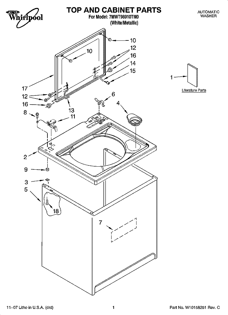 TOP AND CABINET PARTS Diagram and Parts List for 7MWT98910TM0  Whirlpool Washer