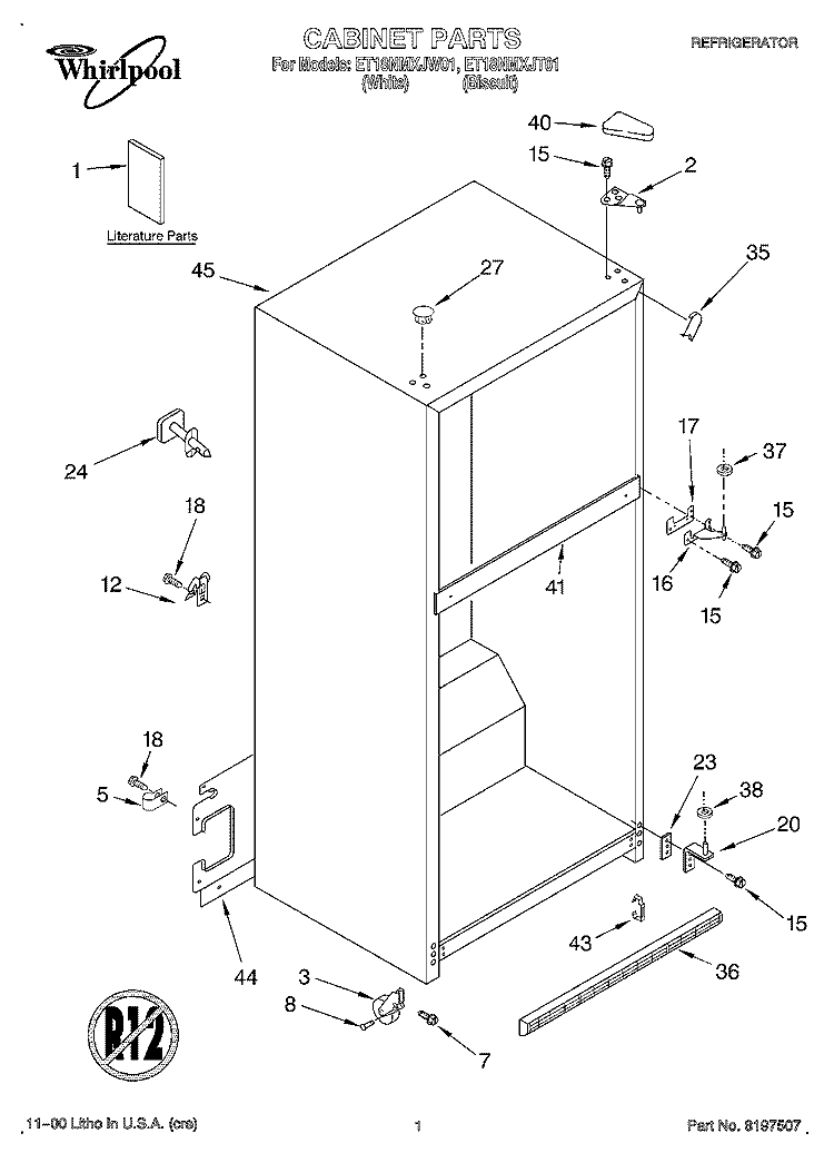 CABINET, LITERATURE Diagram and Parts List for ET18NMXJW01  Whirlpool Refrigerator