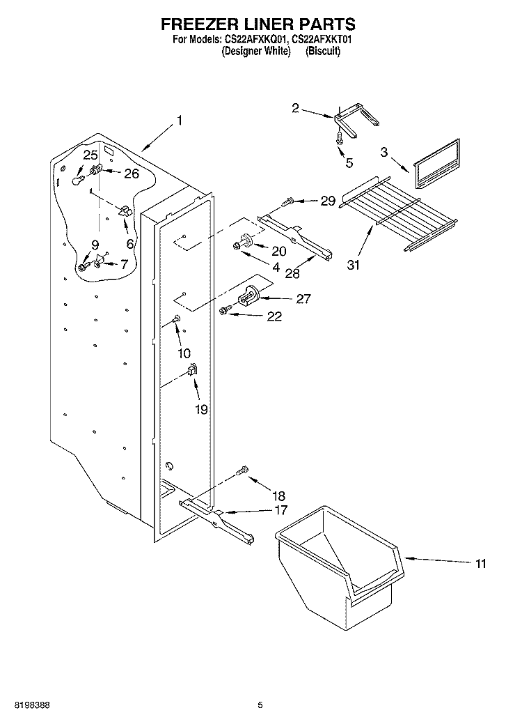 FREEZER LINER Diagram and Parts List for CS22AFXKT01  Whirlpool Refrigerator