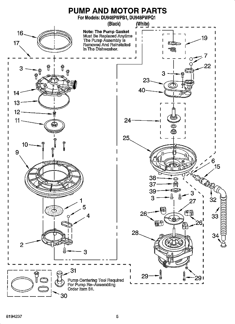 PUMP AND MOTOR PARTS Diagram and Parts List for DU948PWPQ1  Whirlpool Dishwasher