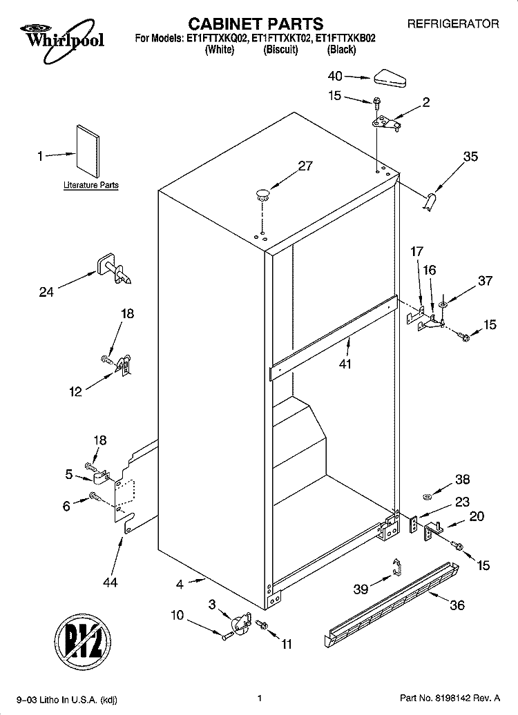 CABINET PARTS Diagram and Parts List for ET1FTTXKQ02  Whirlpool Refrigerator