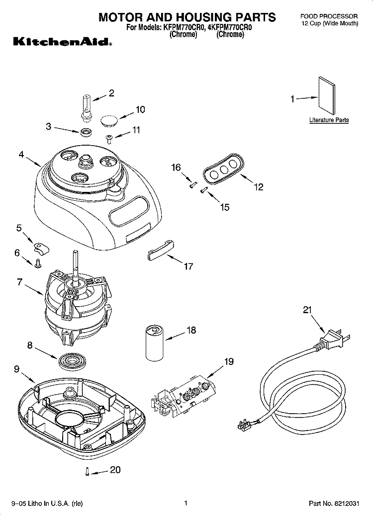 MOTOR AND HOUSING PARTS Diagram and Parts List for 4KFPM770CR0  KitchenAid Food Processor