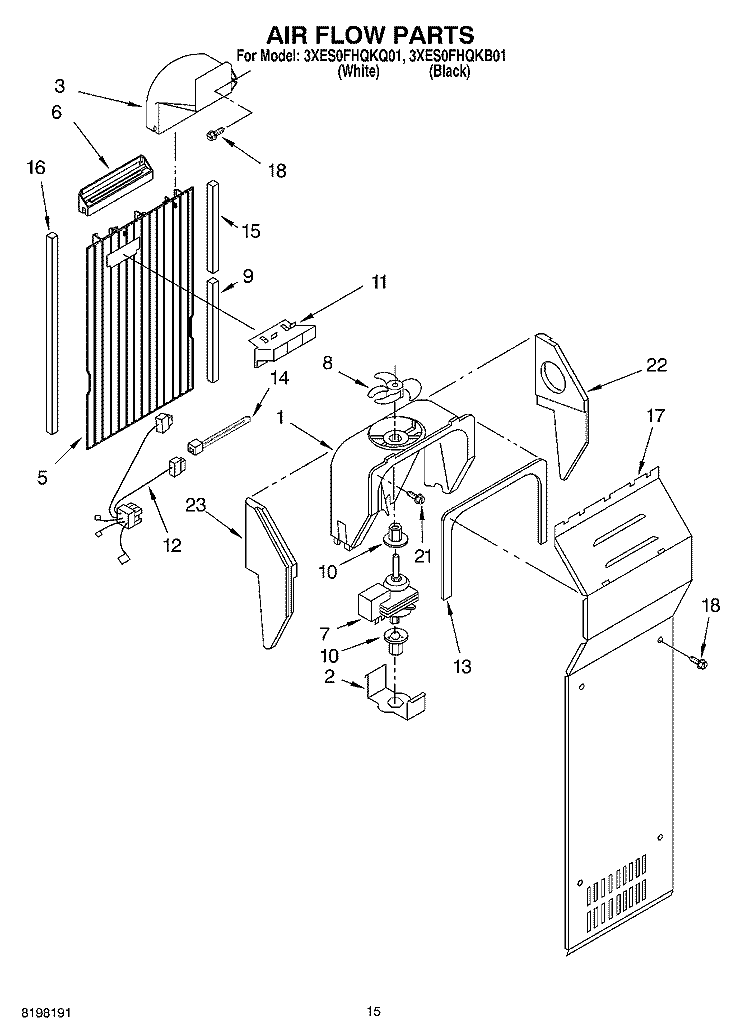 AIR FLOW Diagram and Parts List for 3XES0FHQKB01  Whirlpool Refrigerator