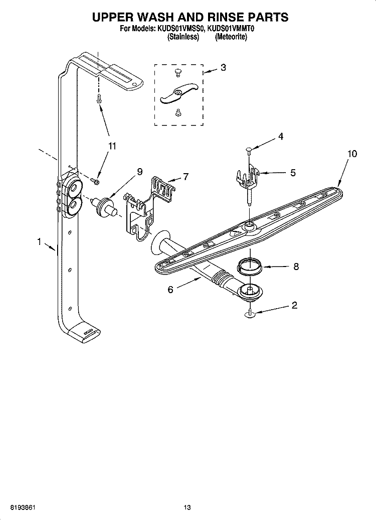 UPPER WASH AND RINSE PARTS Diagram and Parts List for KUDS01VMSS0  KitchenAid Dishwasher