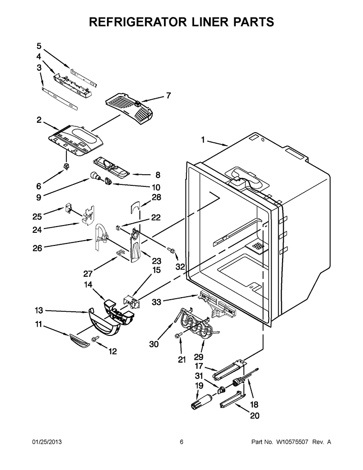 REFRIGERATOR LINER PARTS Diagram and Parts List for KBFS25EWWH9  KitchenAid Refrigerator