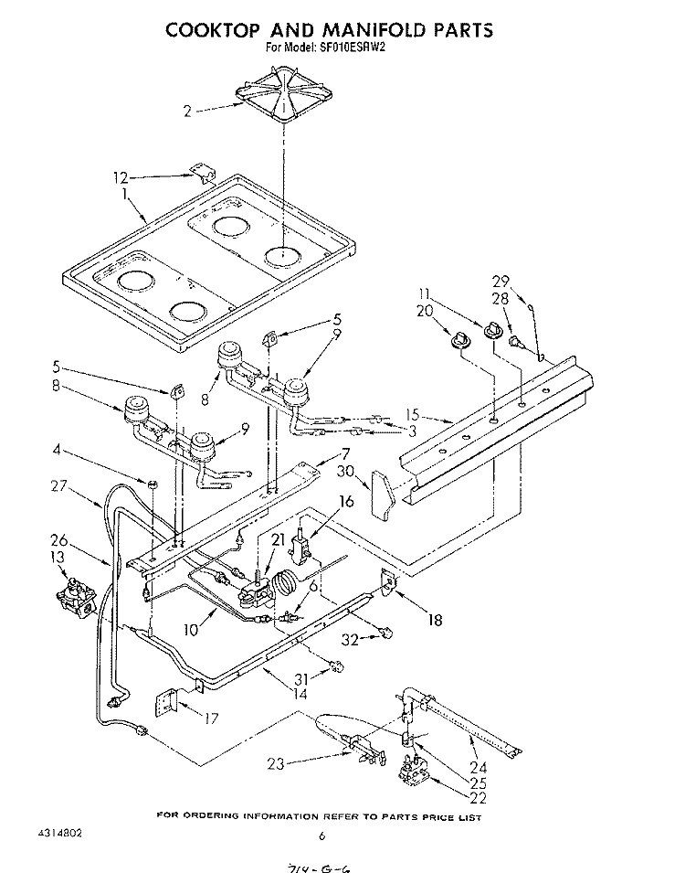 COOK TOP AND MANIFOLD , LITERATURE Diagram and Parts List for SF010ESRW2  Whirlpool Range