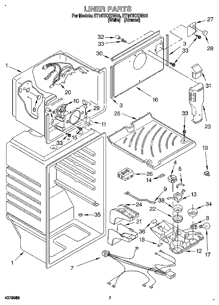 LINER Diagram and Parts List for ET18TKXDN03  Whirlpool Refrigerator