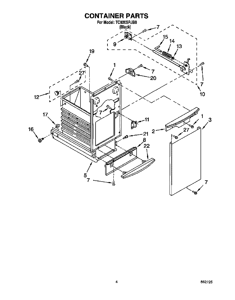 CONTAINER Diagram and Parts List for TC800SPJB0  Whirlpool Trash Compactor