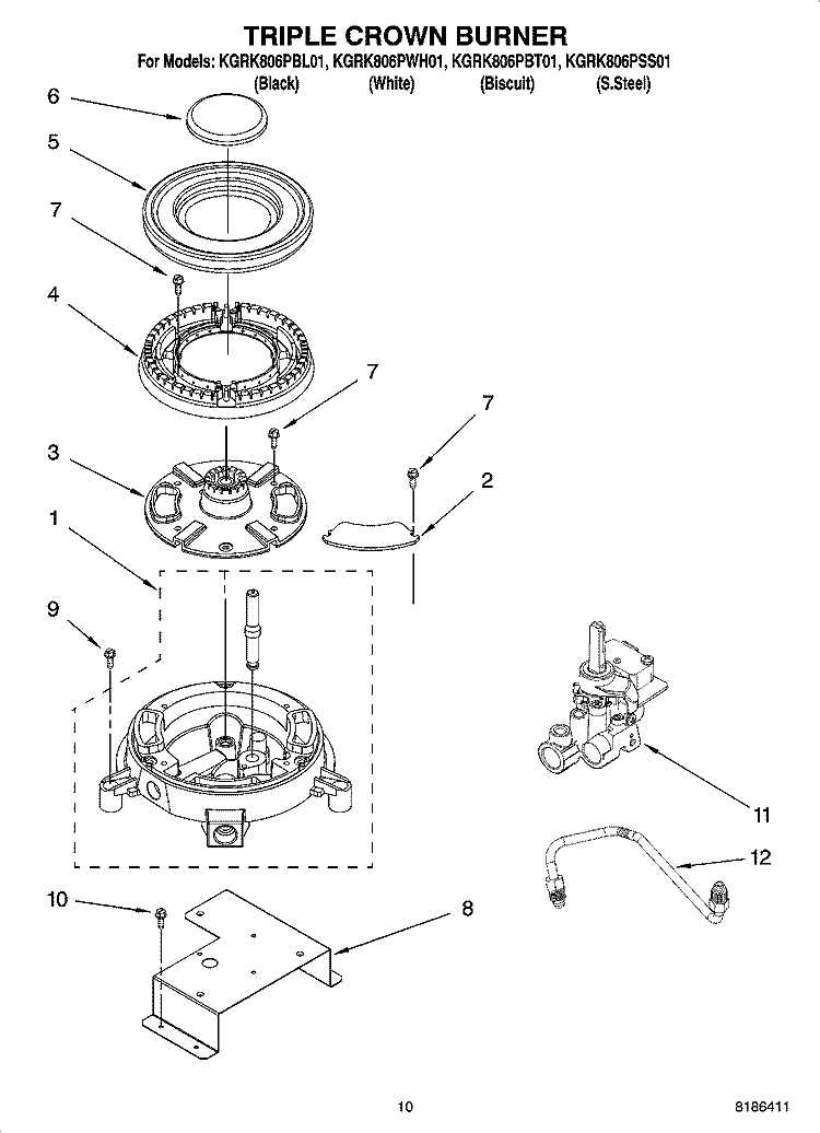 TRIPLE CROWN BURNER Diagram and Parts List for KGRK806PBT01  KitchenAid Range