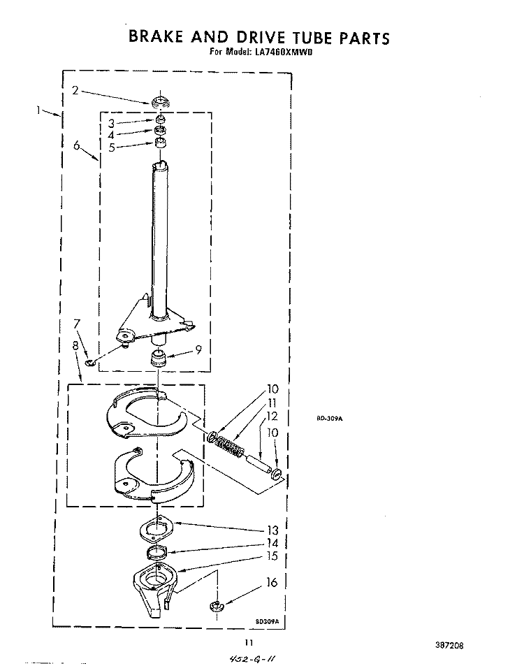 BRAKE AND DRIVE TUBE Diagram and Parts List for LA7460XMW0  Whirlpool Washer