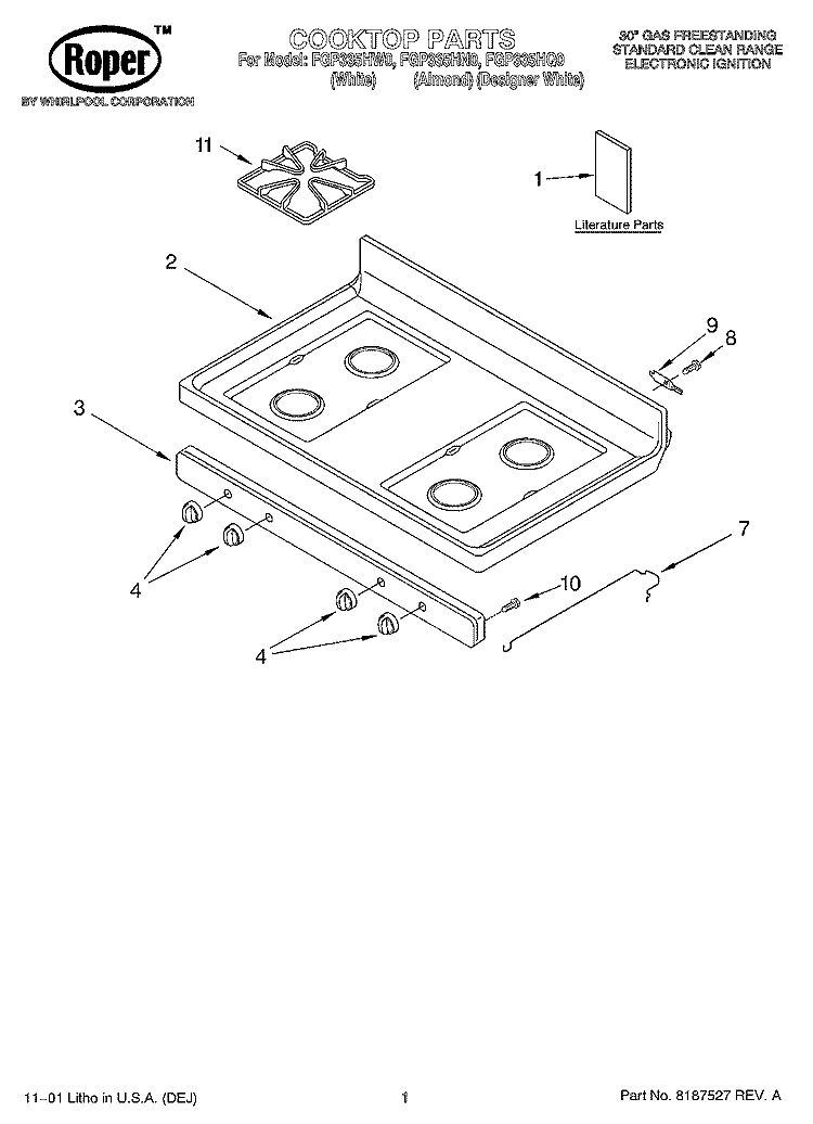 COOKTOP, LITERATURE Diagram and Parts List for FGP335HW0  Roper Range