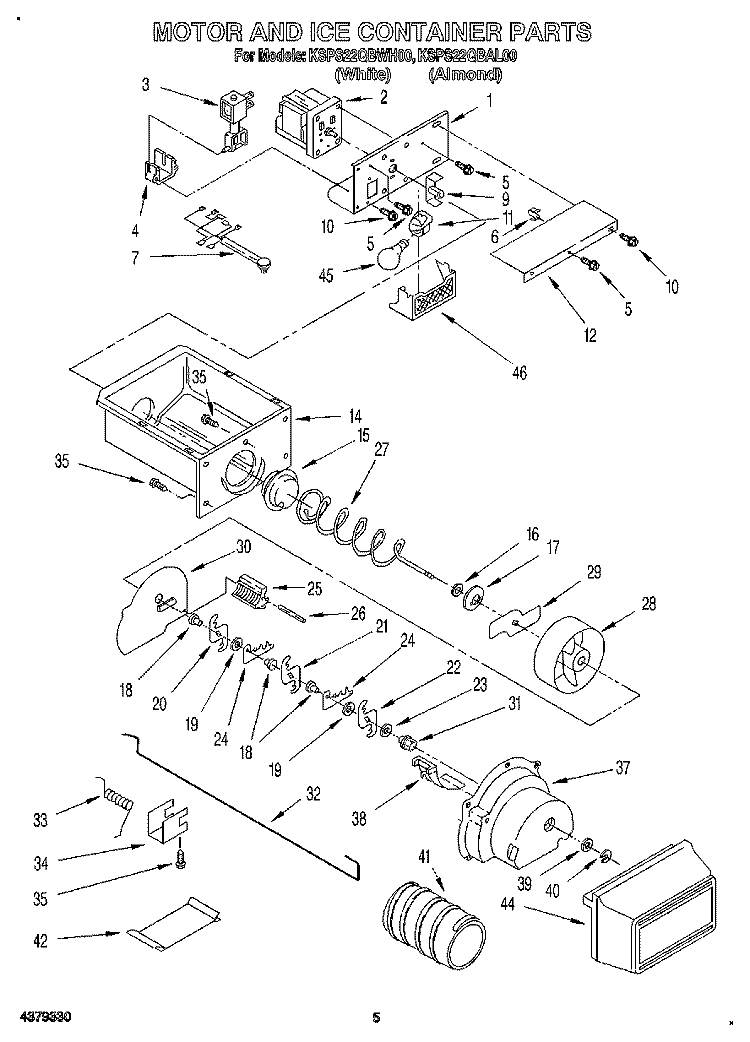 MOTOR AND ICE CONTAINER Diagram and Parts List for KSPS22QBWH00  KitchenAid Refrigerator