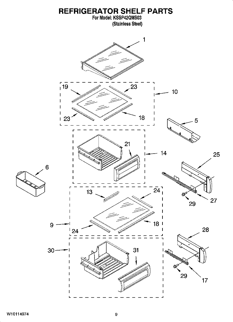 REFRIGERATOR SHELF PARTS Diagram and Parts List for KSSP42QMS03  KitchenAid Refrigerator