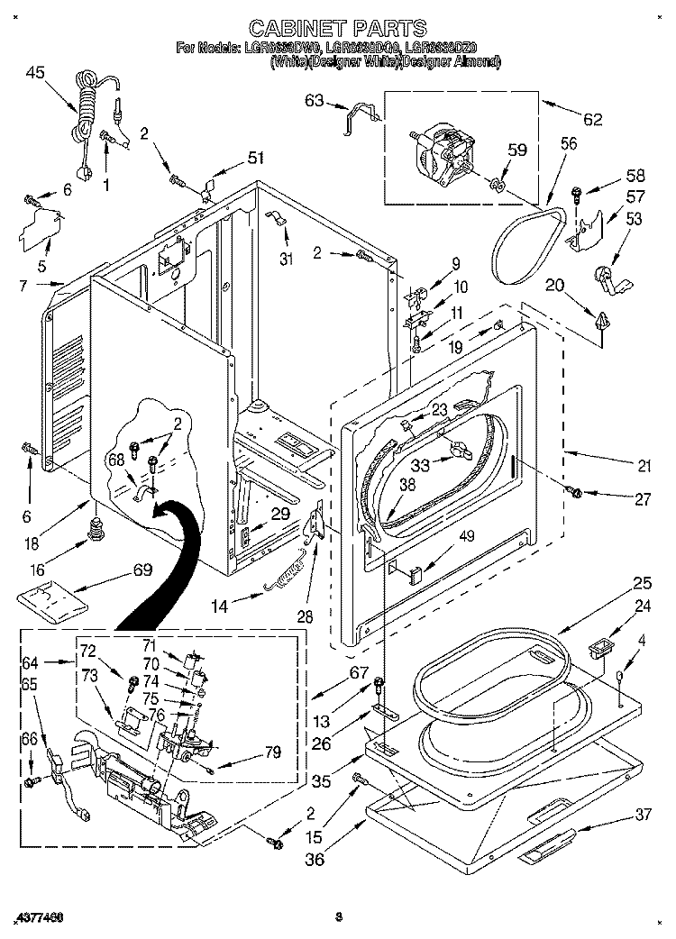 CABINET Diagram and Parts List for LGR6638DW0  Whirlpool Dryer