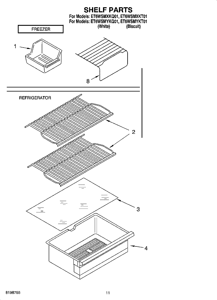 SHELF PARTS, LITERATURE AND OPTIONAL PARTS Diagram and Parts List for ET6WSMYKT01  Whirlpool Refrigerator