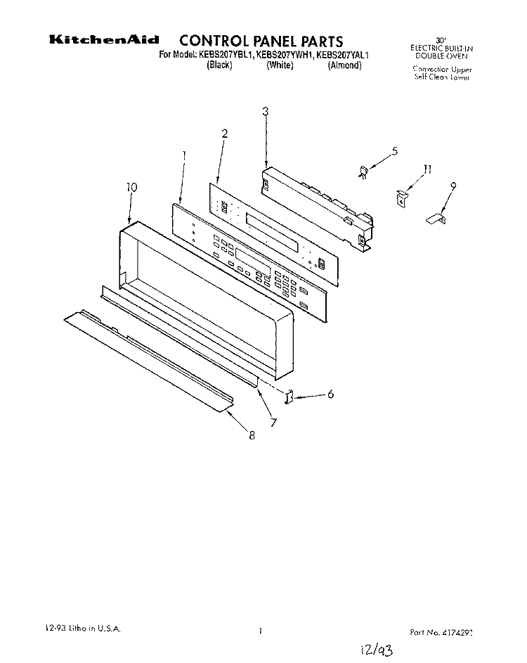 CONTROL PANEL, LITERATURE Diagram and Parts List for KEBS207YAL1  KitchenAid Wall Oven