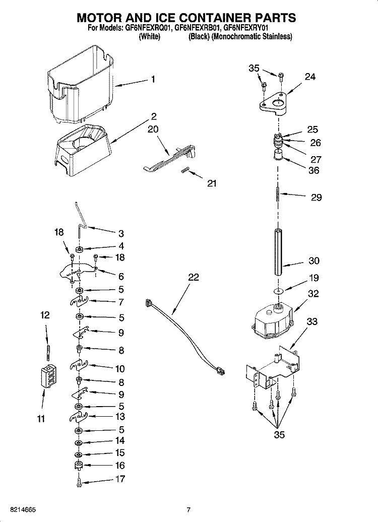 MOTOR AND ICE CONTAINER PARTS Diagram and Parts List for GF6NFEXRB01  Whirlpool Refrigerator