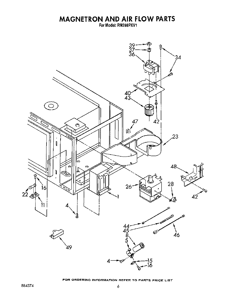 MAGNETRON AND AIR FLOW Diagram and Parts List for RM288PXV1  Whirlpool Microwave Oven Combo