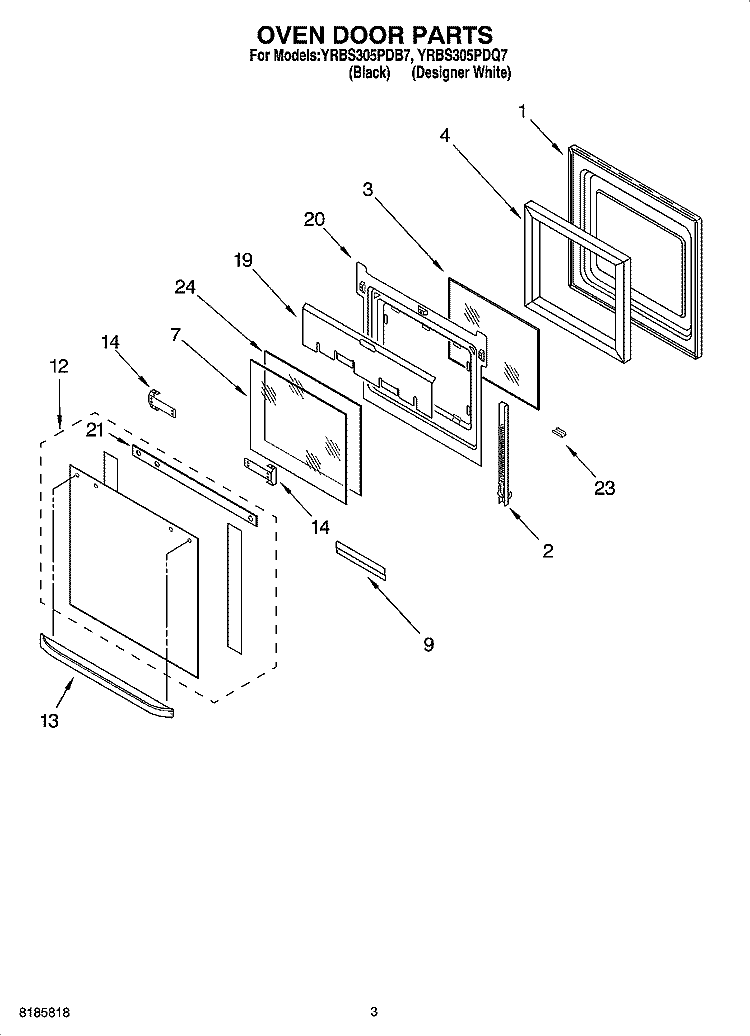 OVEN DOOR PARTS Diagram and Parts List for YRBS305PDQ7  Whirlpool Wall Oven