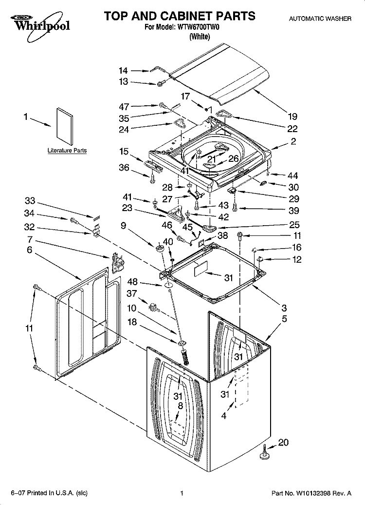 TOP AND CABINET PARTS Diagram and Parts List for WTW6700TW0  Whirlpool Washer