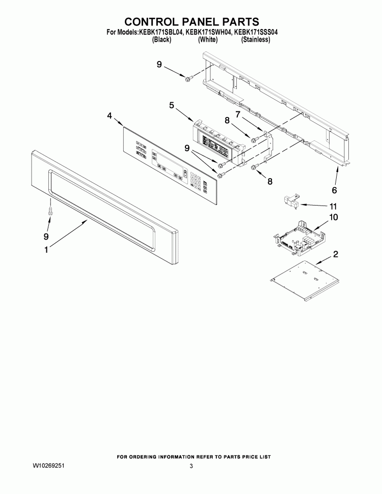 CONTROL PANEL PARTS Diagram and Parts List for KEBK171SWH04  KitchenAid Wall Oven