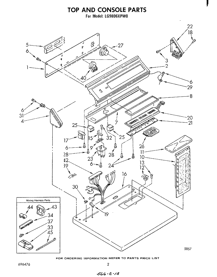 TOP AND CONSOLE , LITERATURE AND OPTIONAL Diagram and Parts List for LG9806XPW0  Whirlpool Dryer