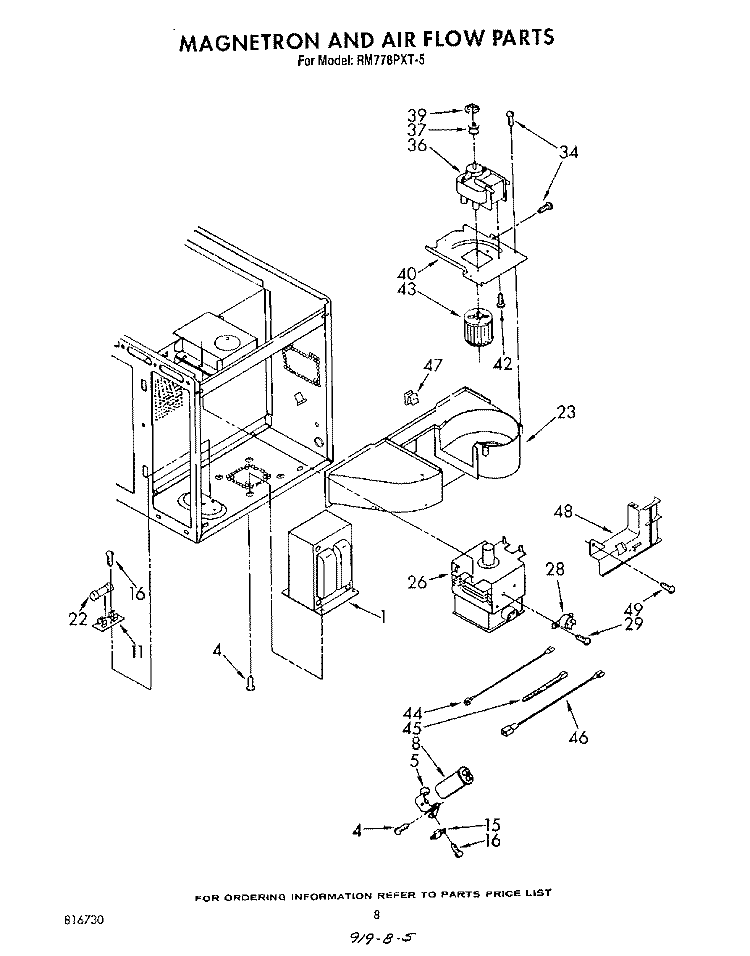 MAGNETRON AND AIR FLOW Diagram and Parts List for RM778PXT5  Whirlpool Microwave Oven Combo