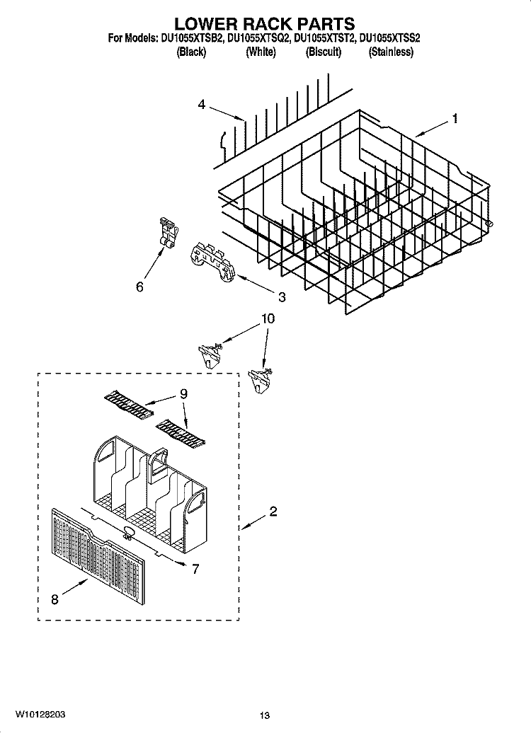 LOWER RACK PARTS, OPTIONAL PARTS (NOT INCLUDED) Diagram and Parts List for DU1055XTST2  Whirlpool Dishwasher