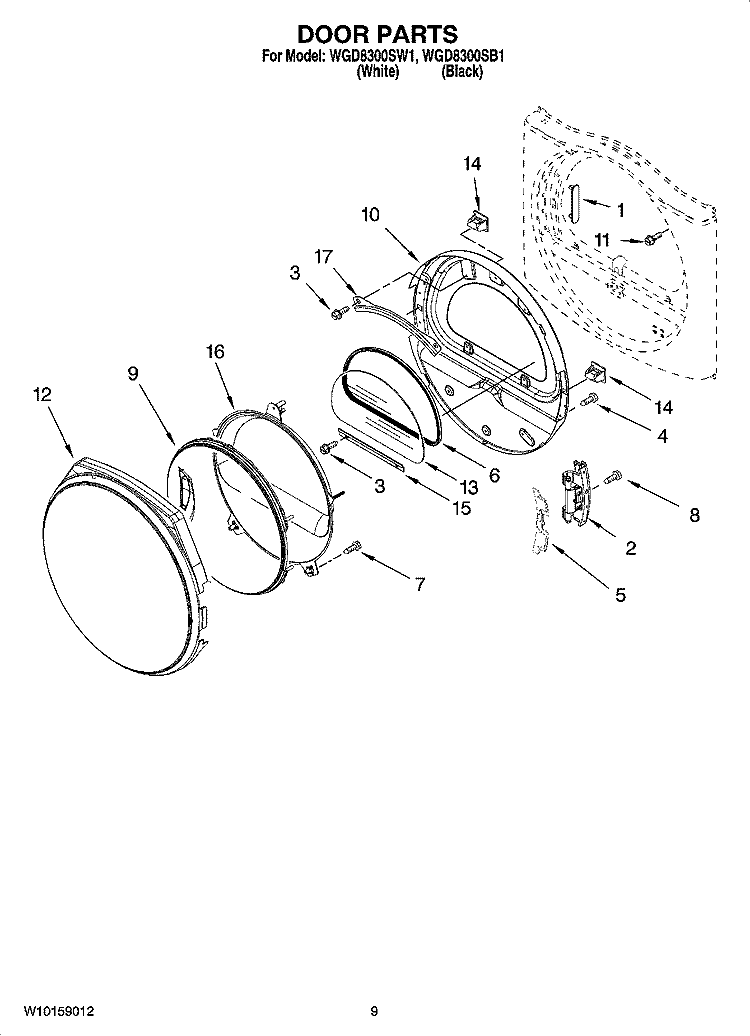 DOOR PARTS, OPTIONAL PARTS (NOT INCLUDED) Diagram and Parts List for WGD8300SW1  Whirlpool Dryer