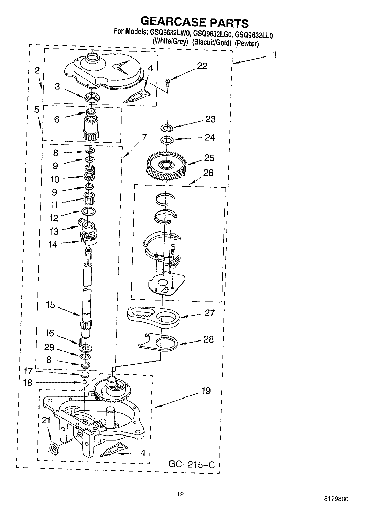 GEARCASE Diagram and Parts List for GSQ9632LL0  Whirlpool Washer