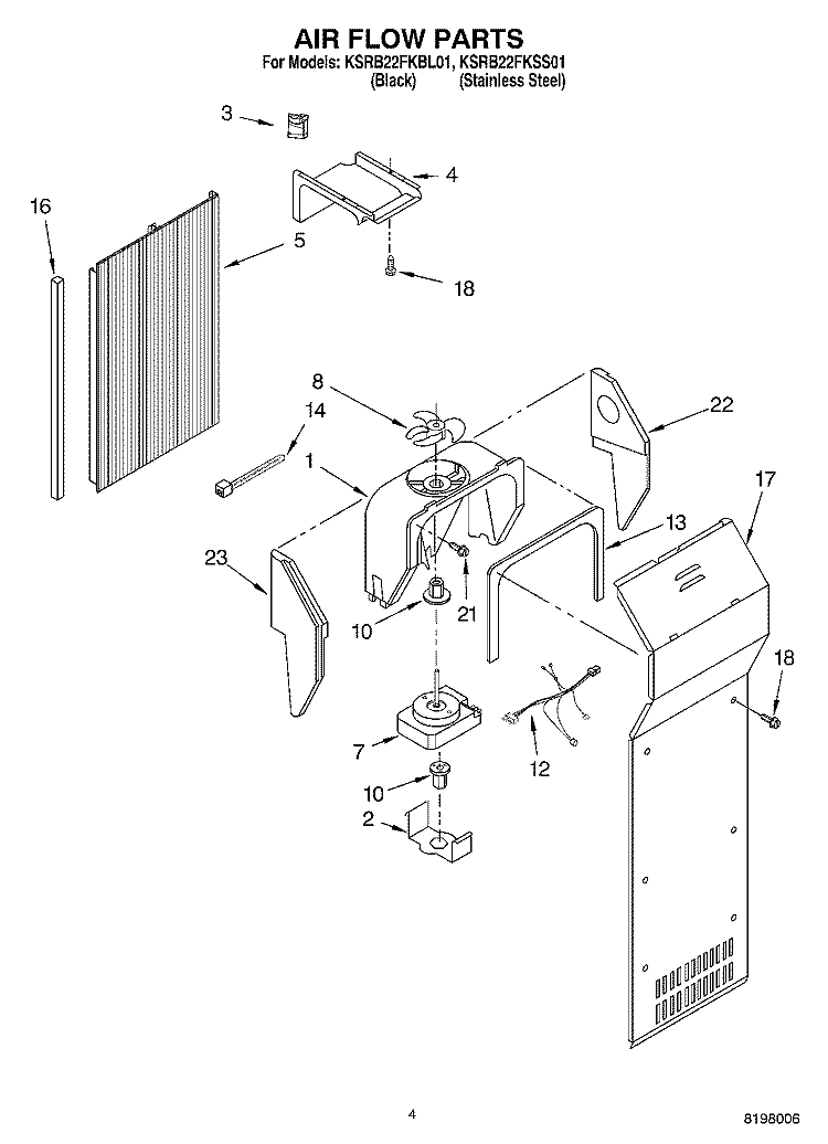 AIR FLOW Diagram and Parts List for KSRB22FKBL01  KitchenAid Refrigerator