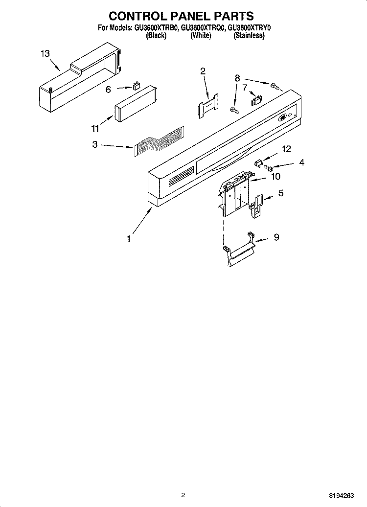 CONTROL PANEL PARTS Diagram and Parts List for GU3600XTRQ0  Whirlpool Dishwasher