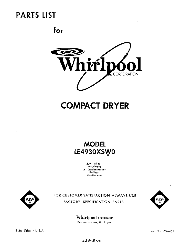 SECTION Diagram and Parts List for LE4930XSW0  Whirlpool Dryer