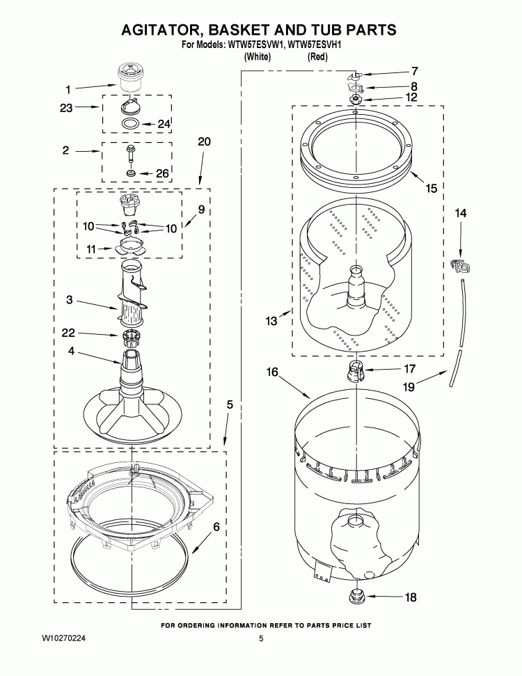 AGITATOR, BASKET AND TUB PARTS Diagram and Parts List for WTW57ESVH1  Whirlpool Washer