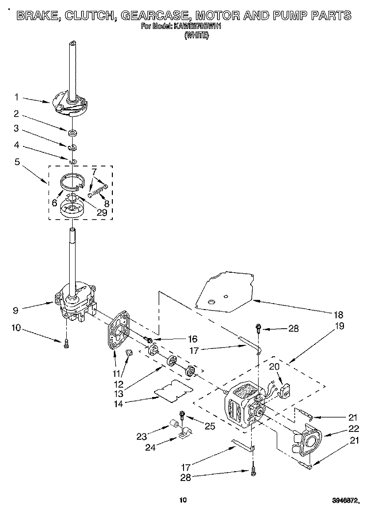 BRAKE, CLUTCH, GEARCASE, MOTOR AND PUMP Diagram and Parts List for KAWE870BWH1  KitchenAid Washer