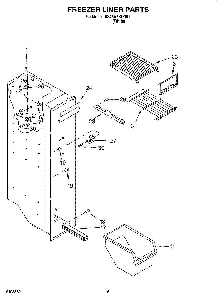 FREEZER LINER PARTS Diagram and Parts List for SS25AFXLQ01  Whirlpool Refrigerator